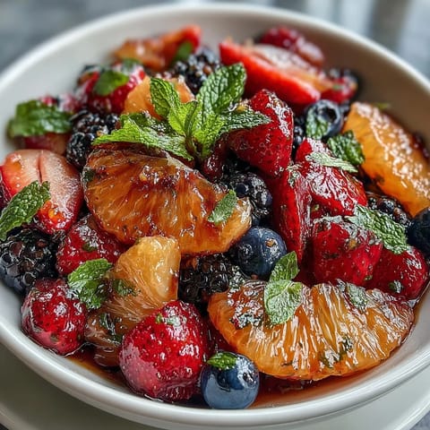 Citrus and Berry Spring Fruit Salad with Mint, a vibrant medley of fresh berries and citrus segments, lightly sweetened and garnished with fragrant mint.  
