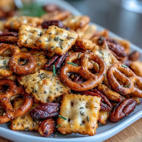 Crunchy sourdough Cheez-Its snack mix with roasted nuts and pretzels, perfect for savory party bites.  