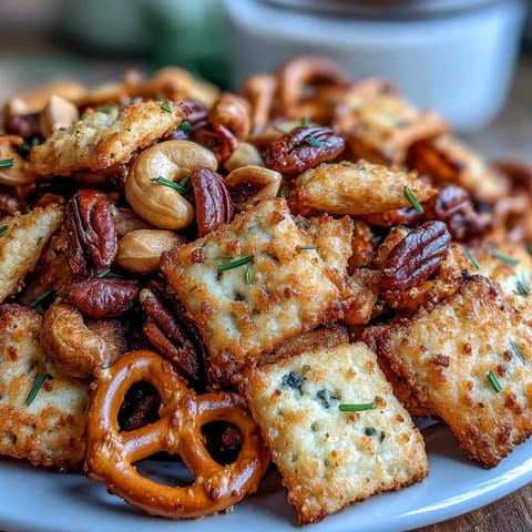 Golden sourdough Cheez-Its combined with pretzels and mixed nuts for a tangy, crunchy homemade snack mix.  