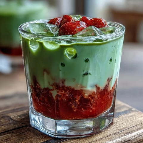 A creamy dairy-free strawberry matcha latte with vibrant layers of fresh strawberries and oat milk.