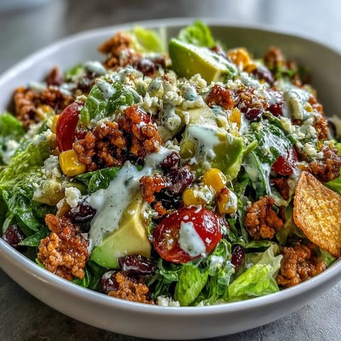 Healthy Easy Taco Salad Bowls with Greek Yogurt Ranch drizzled over crisp romaine, seasoned turkey, and colorful veggies for a satisfying meal.