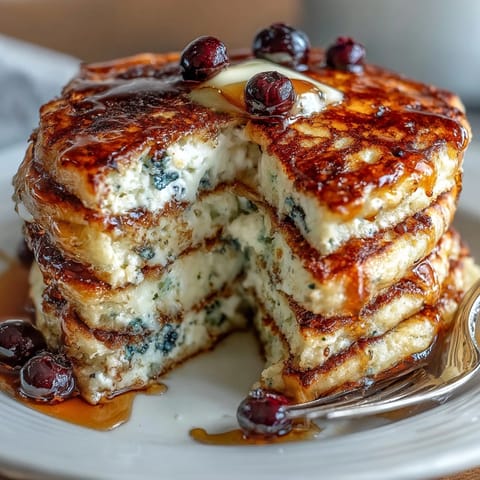 Wholesome cottage cheese protein pancakes dotted with juicy blueberries, perfect for a nutritious breakfast or post-workout meal.  