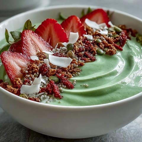 Vibrant strawberry matcha latte smoothie bowl topped with fresh strawberries, granola, chia seeds, and coconut flakes for a nourishing breakfast.