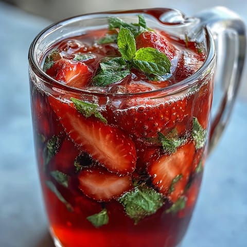 Chilled strawberry mint mocktail pitcher bursting with ripe berries, citrus slices, and cooling mint, ideal for outdoor spring parties and family-friendly sipping.
