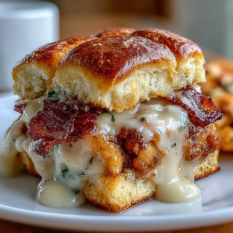 Decadent Hot Brown sliders featuring roasted turkey, creamy Mornay sauce, and smoky bacon on buttery brioche