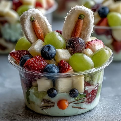 Adorable bunny fruit cups filled with fresh strawberries, blueberries, grapes, and pineapple for a healthy Easter snack kids will love.