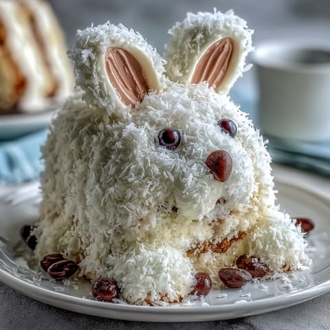 Whimsical bunny-shaped cake decorated with shredded coconut fur, pink jelly bean tail, and candy paw pads for a festive Easter dessert.