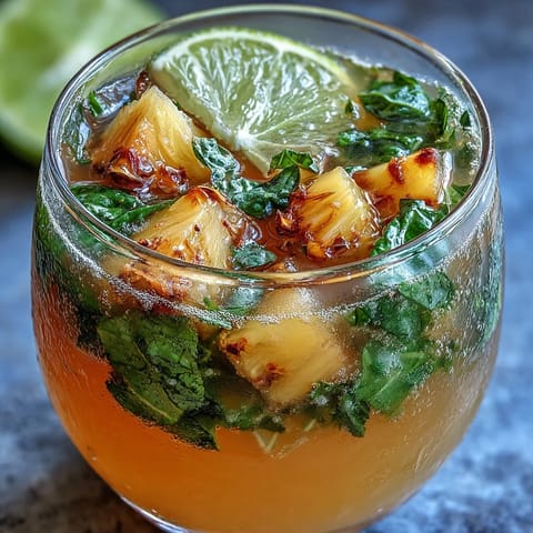 Refreshing pineapple basil agua fresca with vibrant green basil leaves and juicy golden pineapple chunks in a clear glass pitcher.