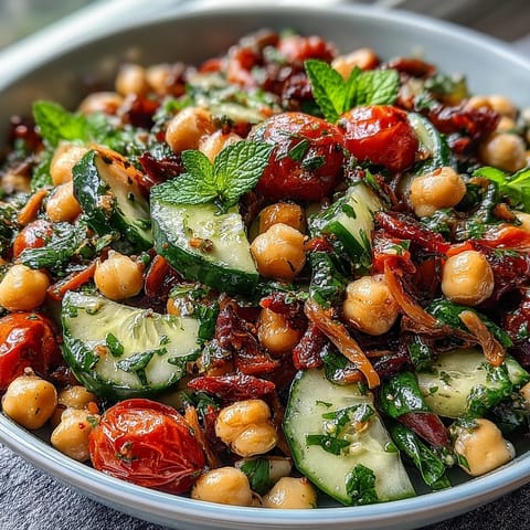 Refreshing cucumber and chickpea salad with zesty lemon vinaigrette, perfect for a light, protein-packed lunch or Mediterranean-inspired side dish.  