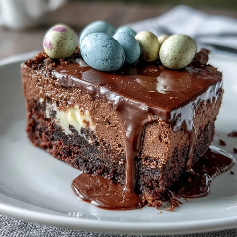 Festive Easter dessert with marbled white chocolate, pastel candy swirls, and colorful Cadbury eggs for a sweet, crunchy treat.