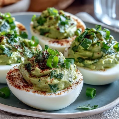 Creamy avocado deviled eggs with fresh herbs, perfect for spring parties and healthy appetizers.