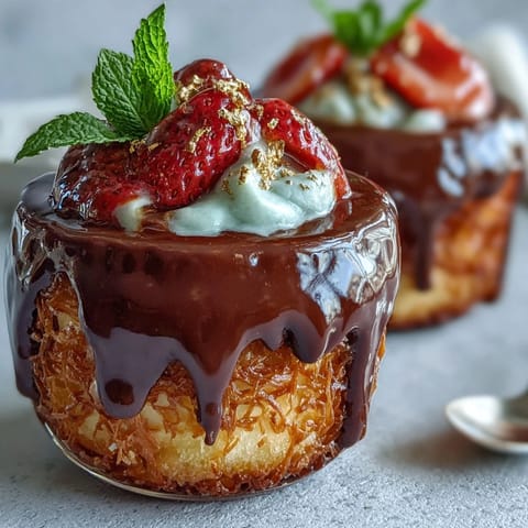 Dubai Chocolate Strawberry Cups with Kataifi and Pistachio Cream, featuring crisp golden kataifi pastry cups filled with rich dark chocolate and luscious pistachio cream, topped with fresh strawberries and chopped pistachios.