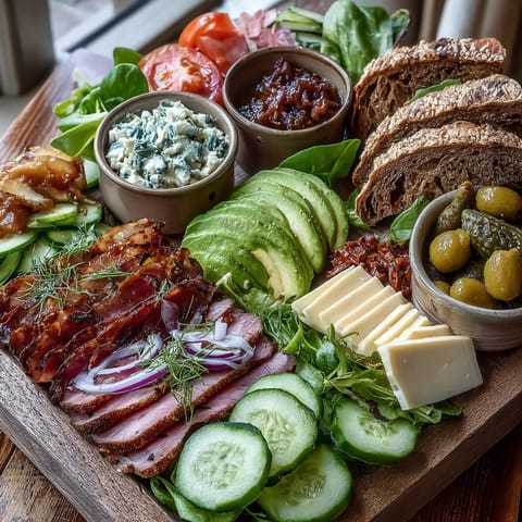 Loaded Deli Sandwich Board with an assortment of sliced meats, cheeses, and fresh vegetables arranged for easy assembly and customization.  