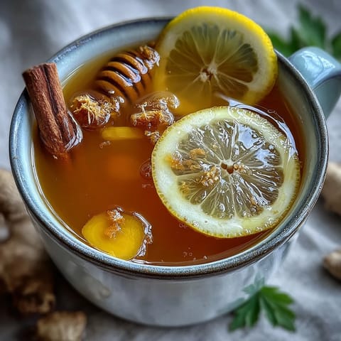 Warm cup of dandelion root tea with ginger and turmeric, garnished with lemon and honey for a soothing, anti-inflammatory drink.
