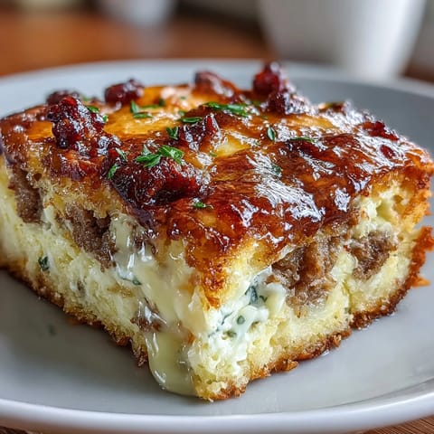 Amish Breakfast Casserole with Hash Browns, Eggs and Sausage - a golden, cheesy bake loaded with crispy hash browns, savory sausage, and fluffy eggs.