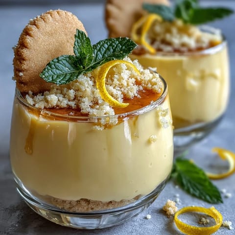 Individual lemon mousse cups paired with crisp shortbread cookies, garnished with lemon zest curls for a refreshing and sophisticated treat.  