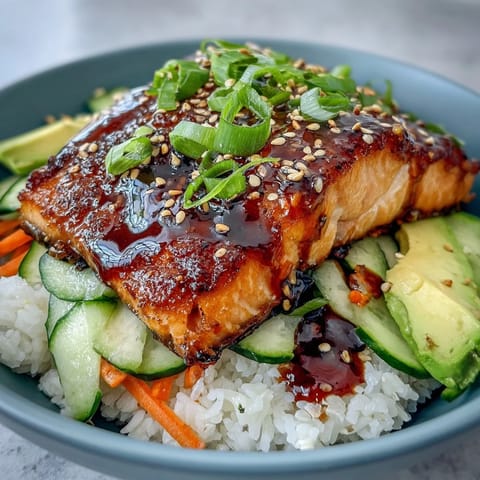 Delicious teriyaki salmon bowl with tender glazed salmon, crisp vegetables, and steamed jasmine rice.  