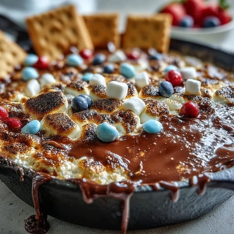 Gooey 4th of July Smores Dip bubbling in a cast iron skillet with golden toasted marshmallows and festive red, white, and blue candies.