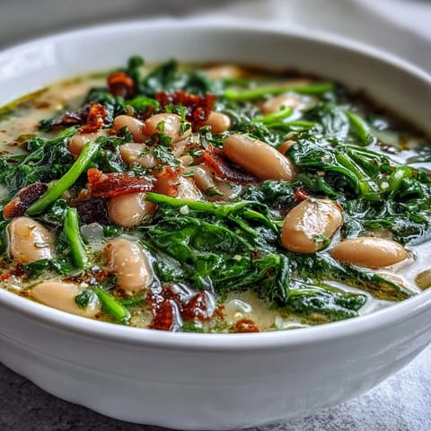 Hearty Tuscan white bean and spinach soup in a slow cooker, brimming with cannellini beans, fresh vegetables, and leafy greens.