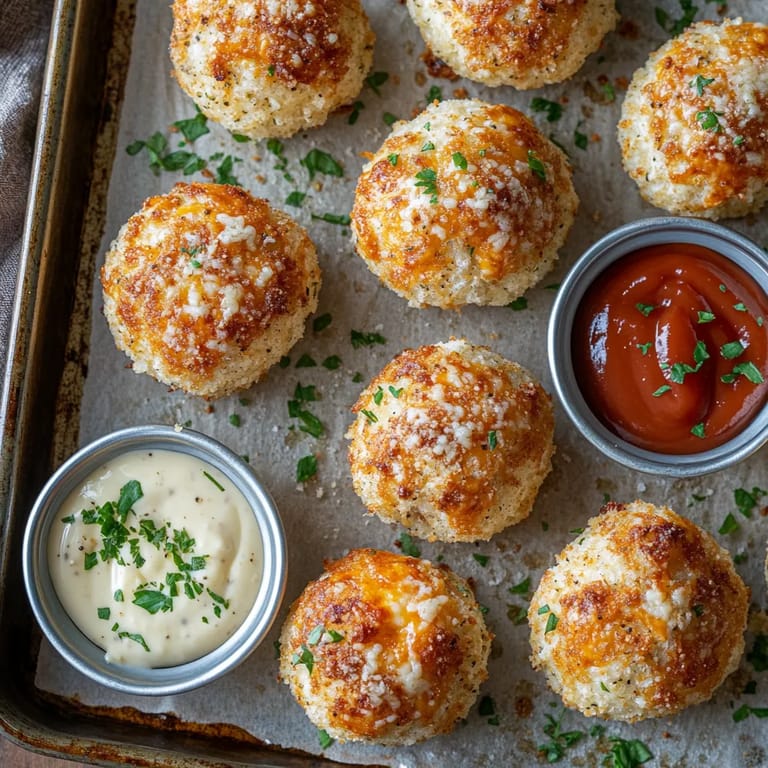 A tray of cheese and bacon balls with a dipping sauce.