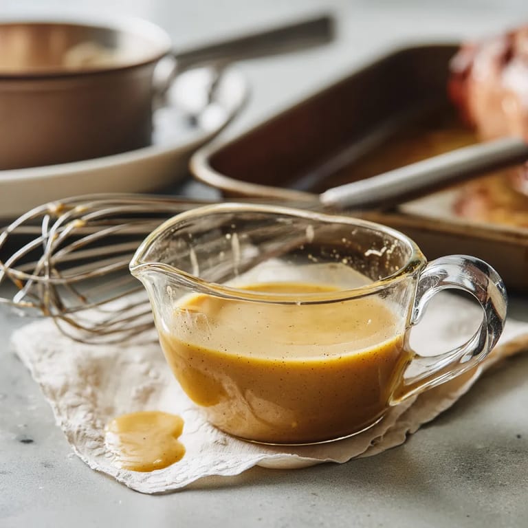 A glass bowl of sauce on a table.