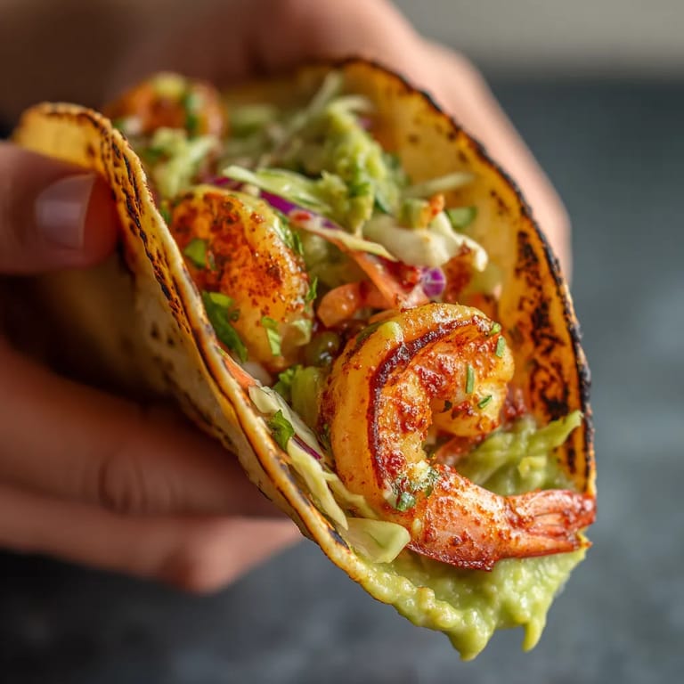 A hand holding a shrimp taco.