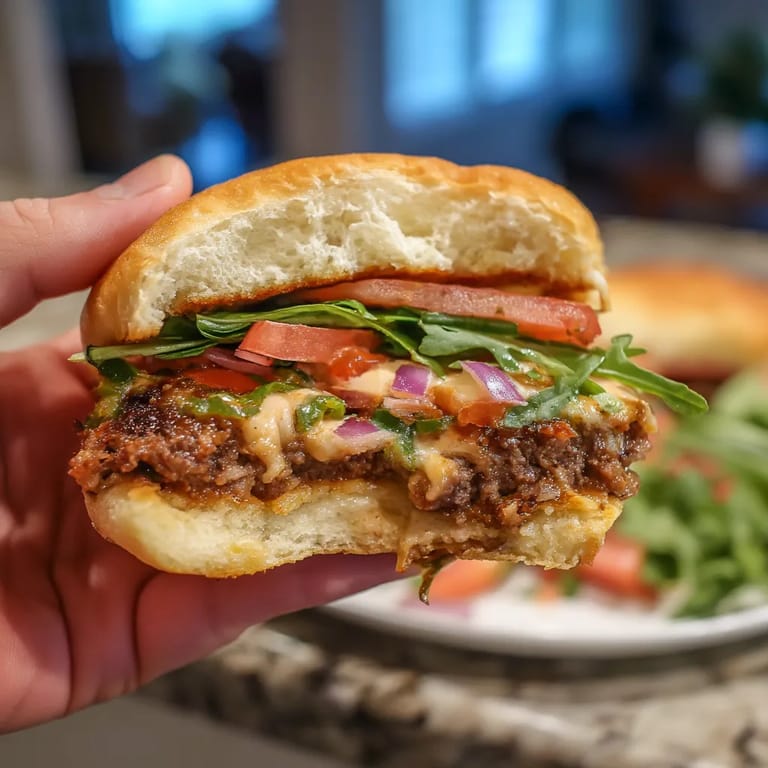 A person holding a sandwich with lettuce, tomato, and onion.