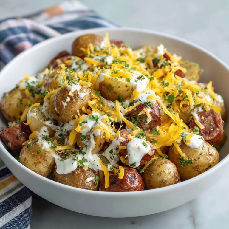 A bowl of food with cheese and potatoes.