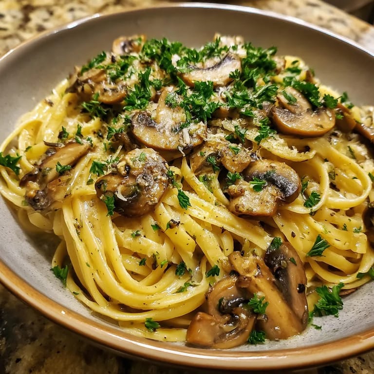 A bowl of pasta with mushrooms and herbs.
