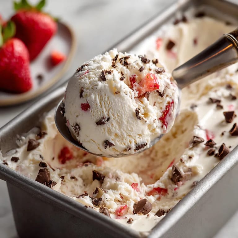 A scoop of ice cream with chocolate chips and strawberries.