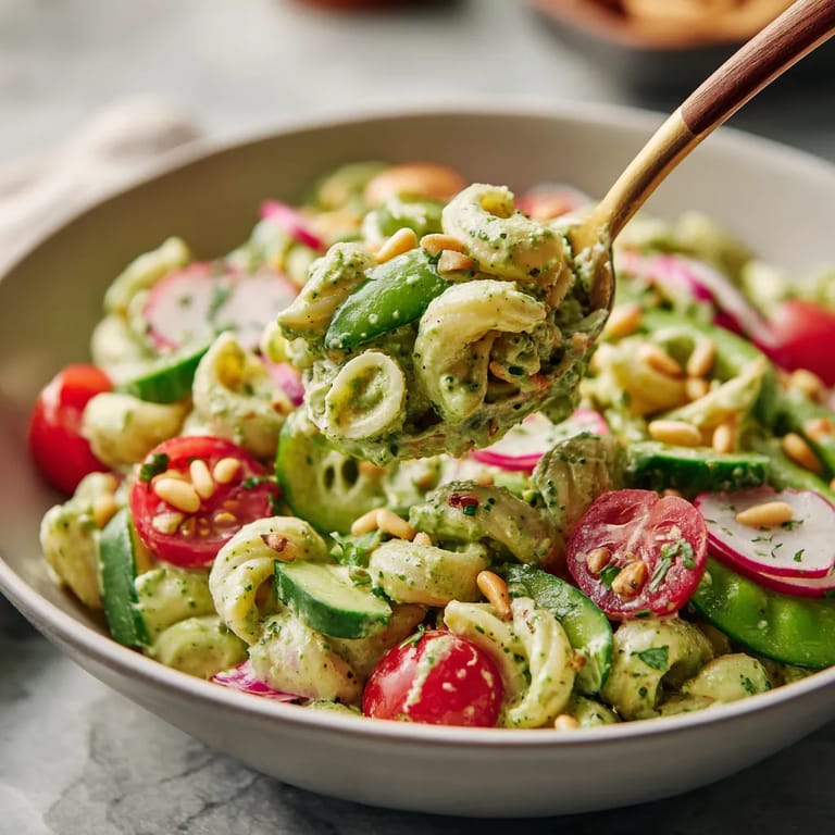 A bowl of pasta with tomatoes and cucumbers.