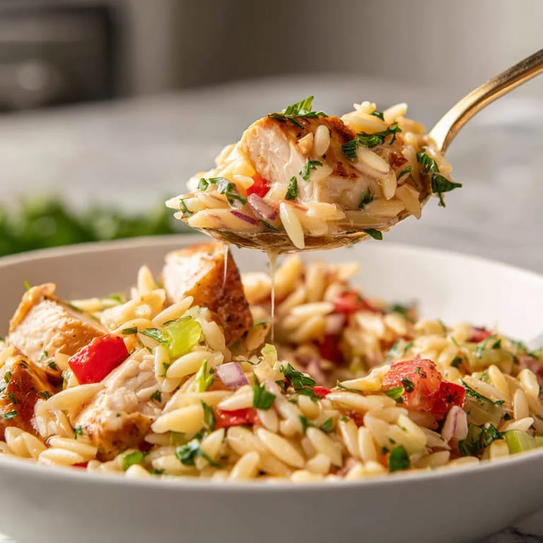 A spoonful of pasta with chicken and vegetables.