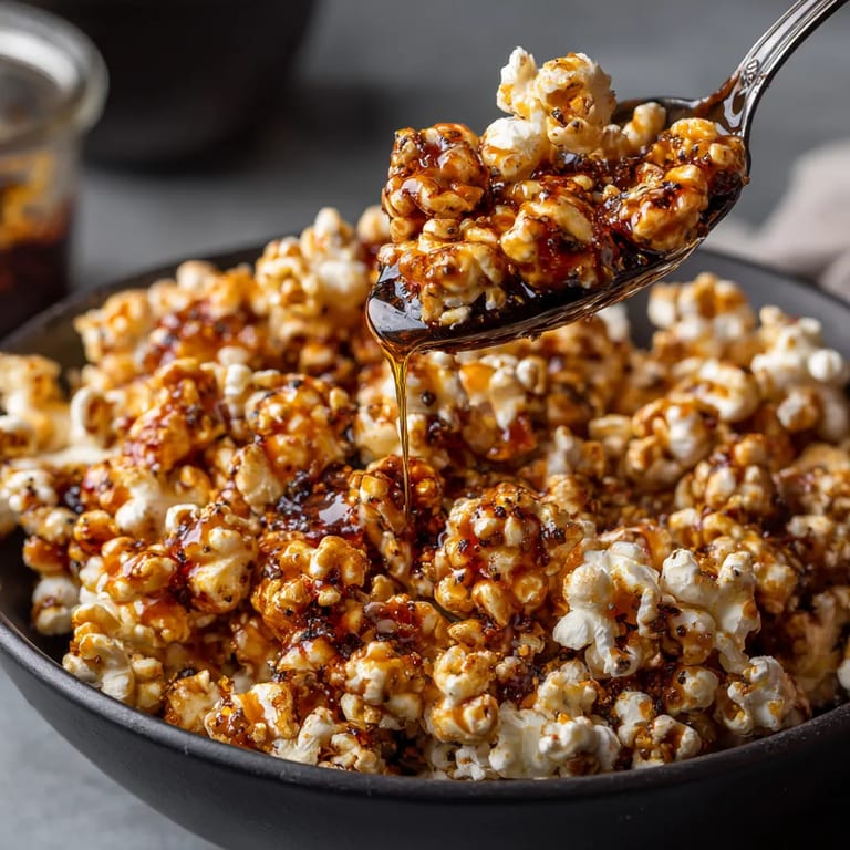 A spoon is being used to pour syrup over popcorn.