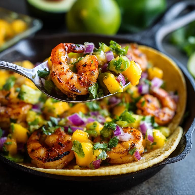 A spoon is in a bowl of shrimp and vegetables.