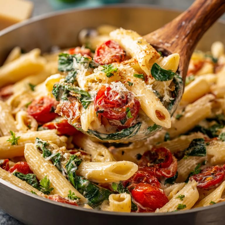 A spoon is in a bowl of pasta.