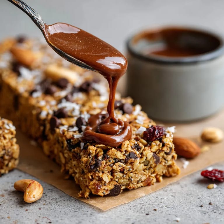 A spoonful of chocolate sauce on a granola bar.