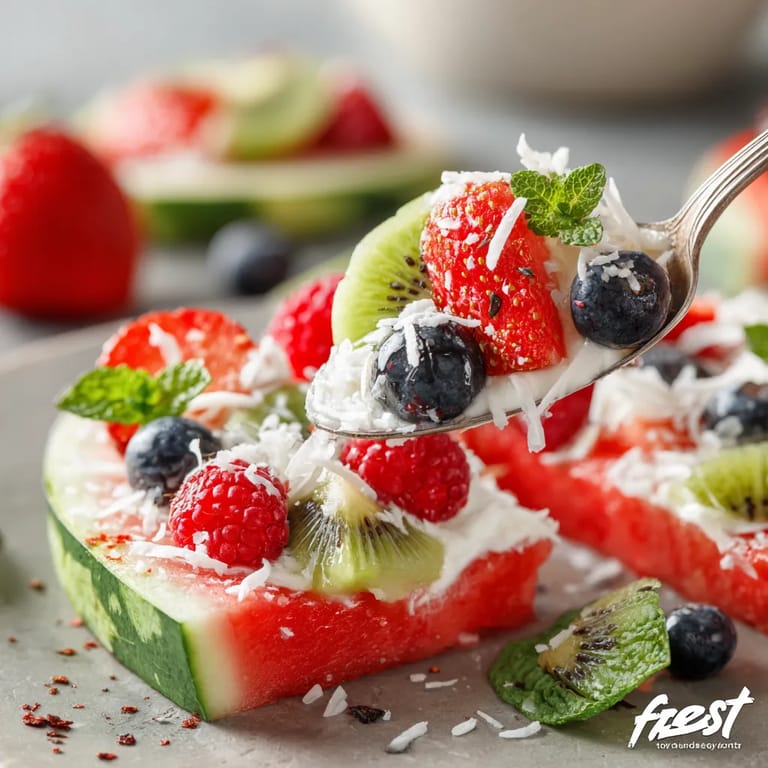 A spoon is scooping up a slice of watermelon.