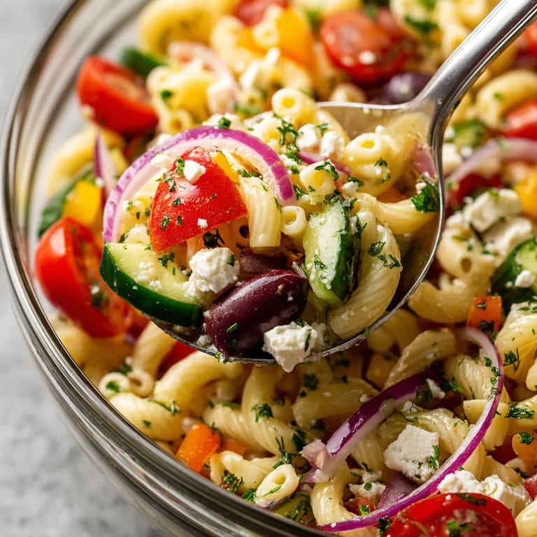 A bowl of pasta with vegetables and cheese.