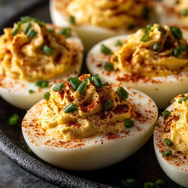 A plate of deviled eggs with a spoon.