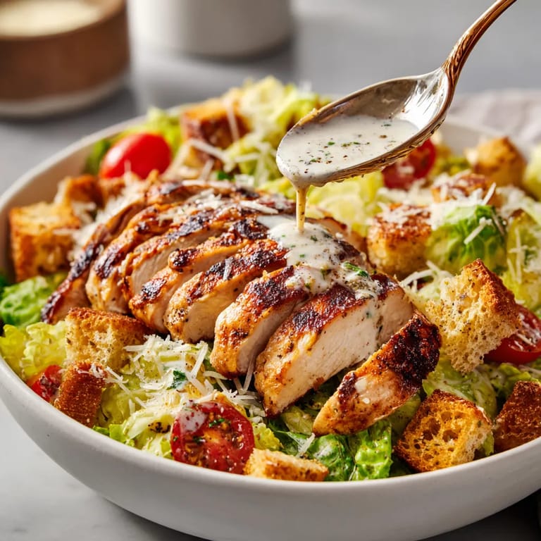 A bowl of salad with chicken and bread.