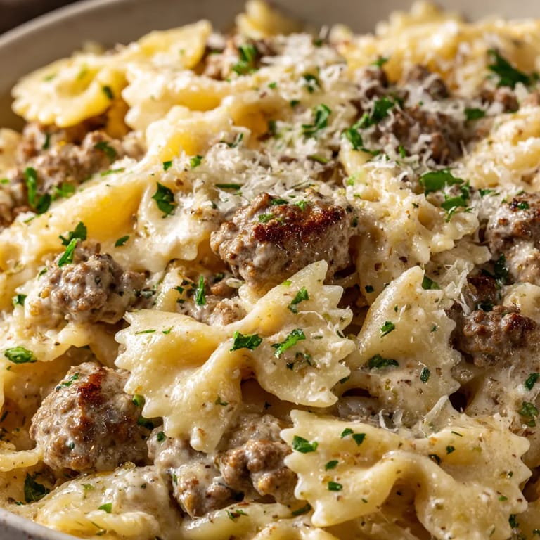A bowl of pasta with meat and cheese.