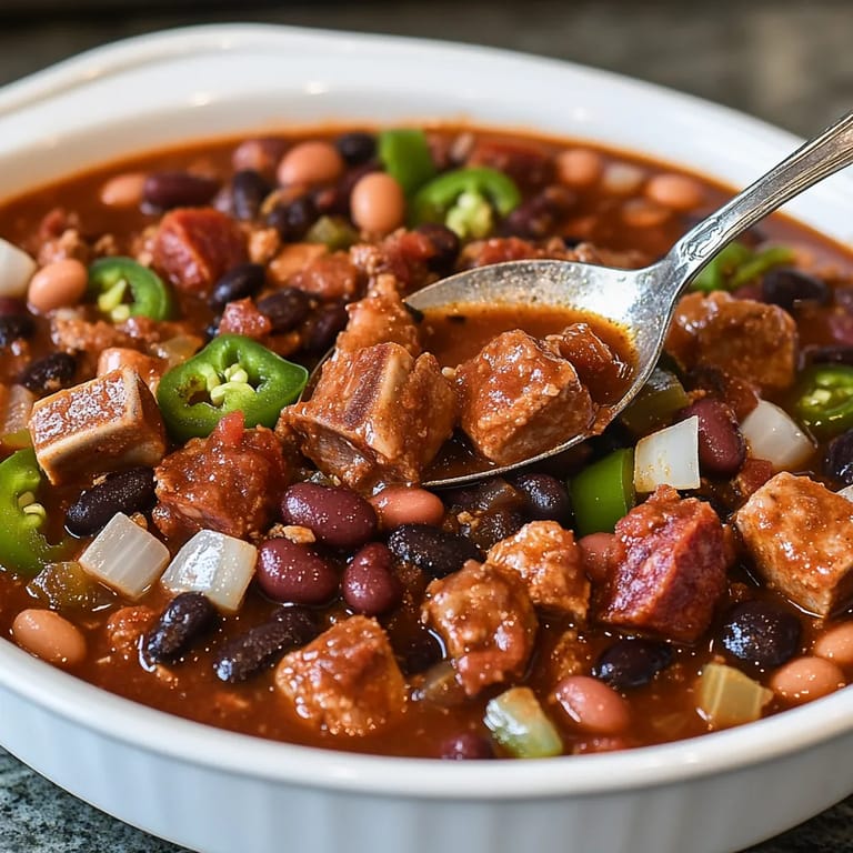 A spoon is in a bowl of chili.