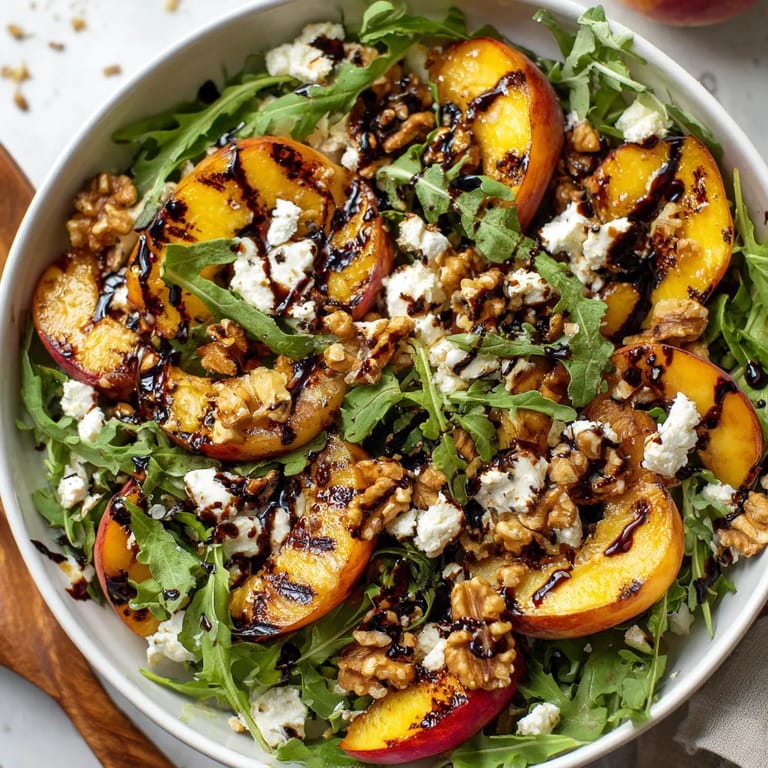 A bowl of salad with peaches and walnuts.