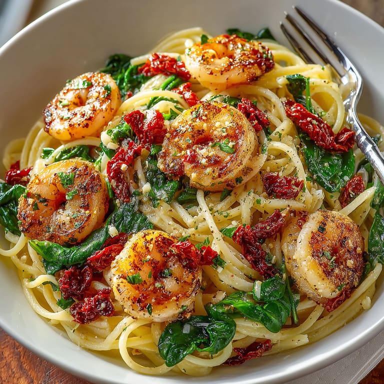 A bowl of pasta with shrimp and spinach.