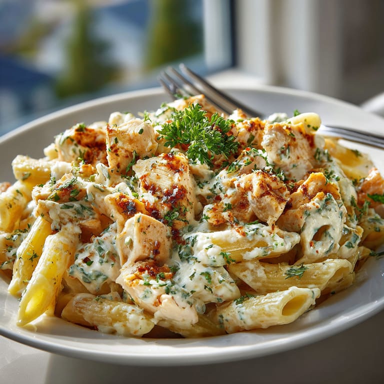 A plate of food with chicken and pasta.