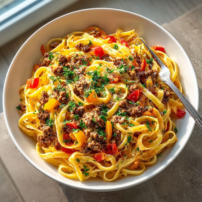 A bowl of pasta with meat and vegetables.