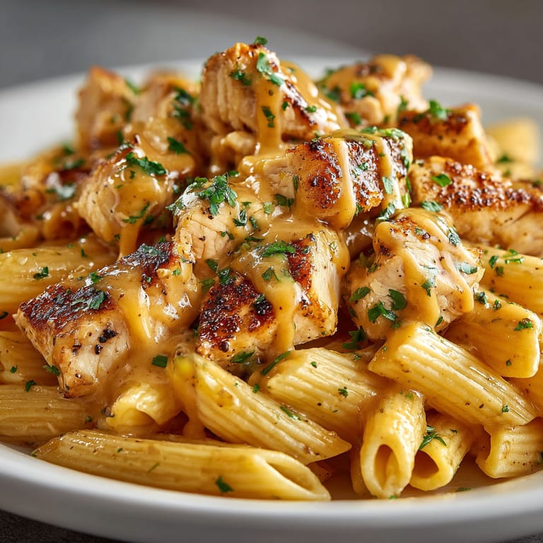 A plate of chicken and pasta with honey mustard sauce.