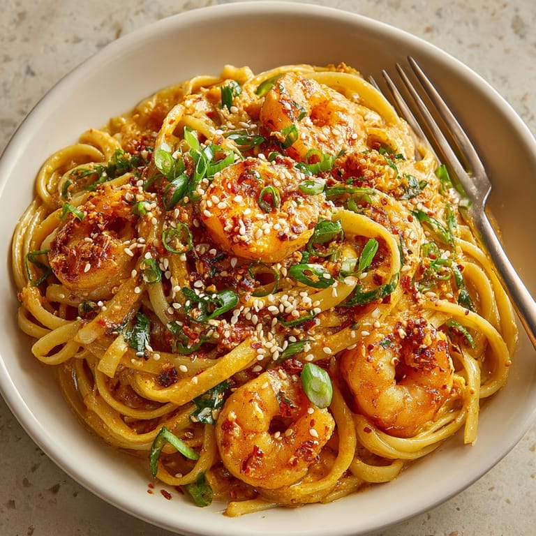 A bowl of shrimp and noodles.