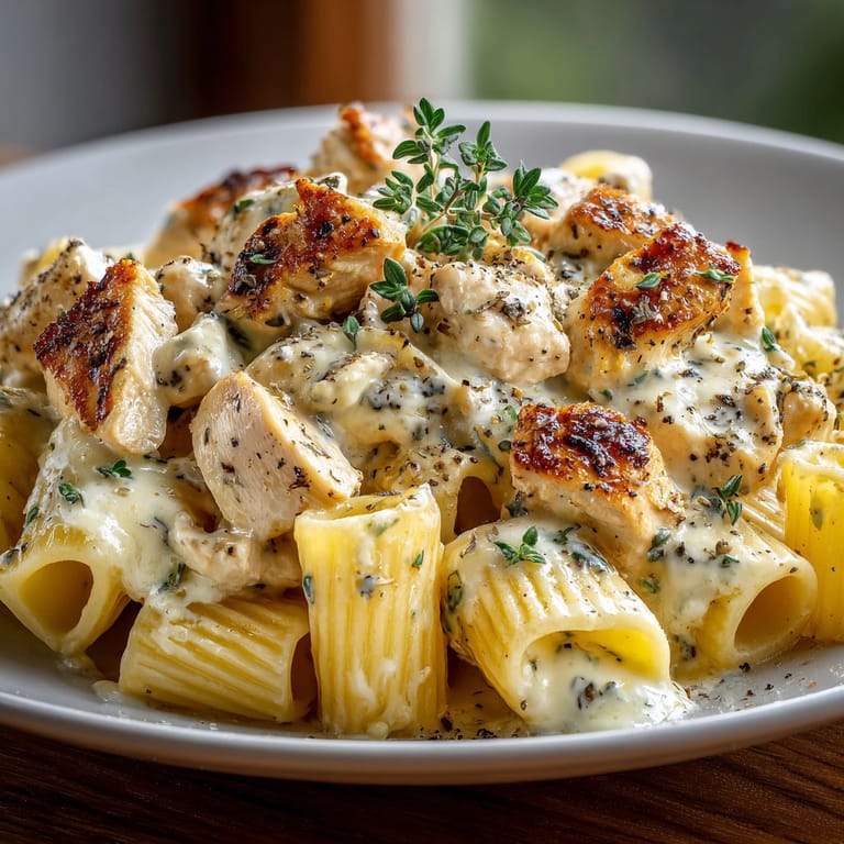 A plate of pasta with chicken and cheese.
