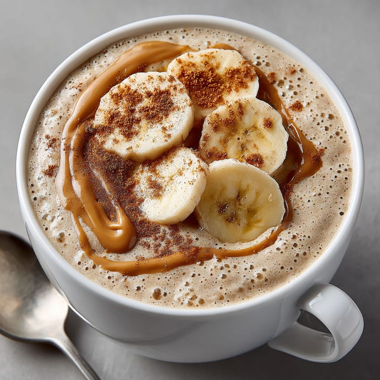 A cup of coffee with bananas and caramel.